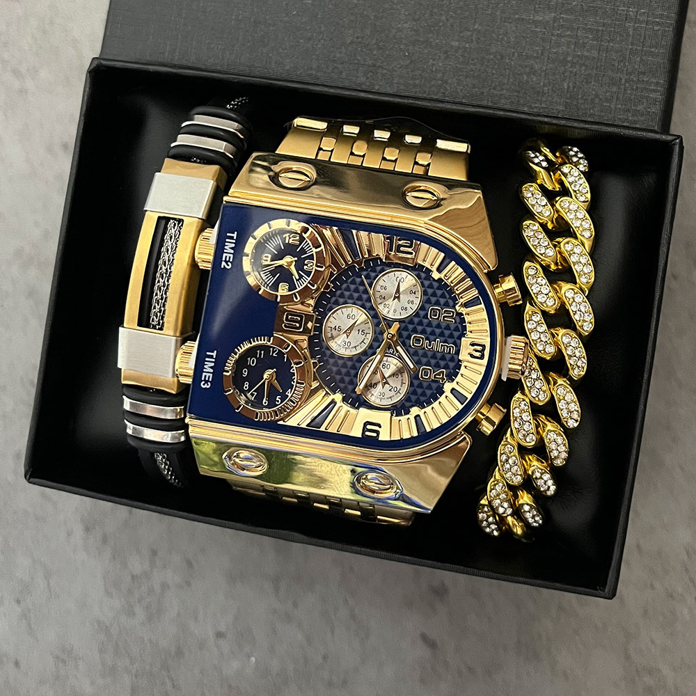 Smartwatch Faces - Luxuriöses rechteckiges Herren-Quarzuhr-Set aus Gold und